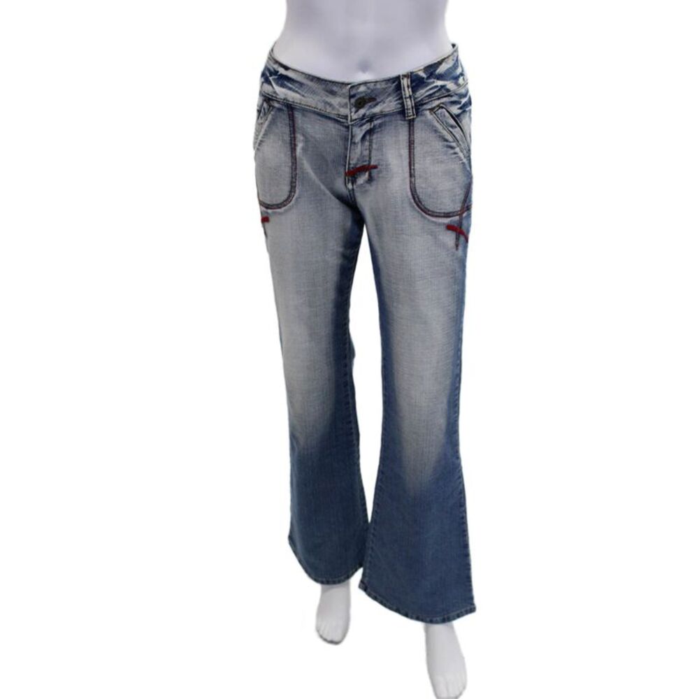 Gezhidon Womens Cotton Low Rise Stitching Detail Flared Jeans Blue Size XL